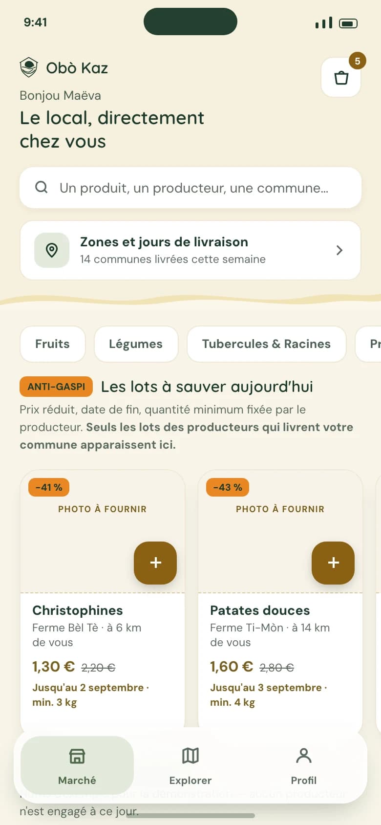 L'accueil d'Obò Kaz : la recherche, les zones de livraison et les lots anti-gaspi du jour.