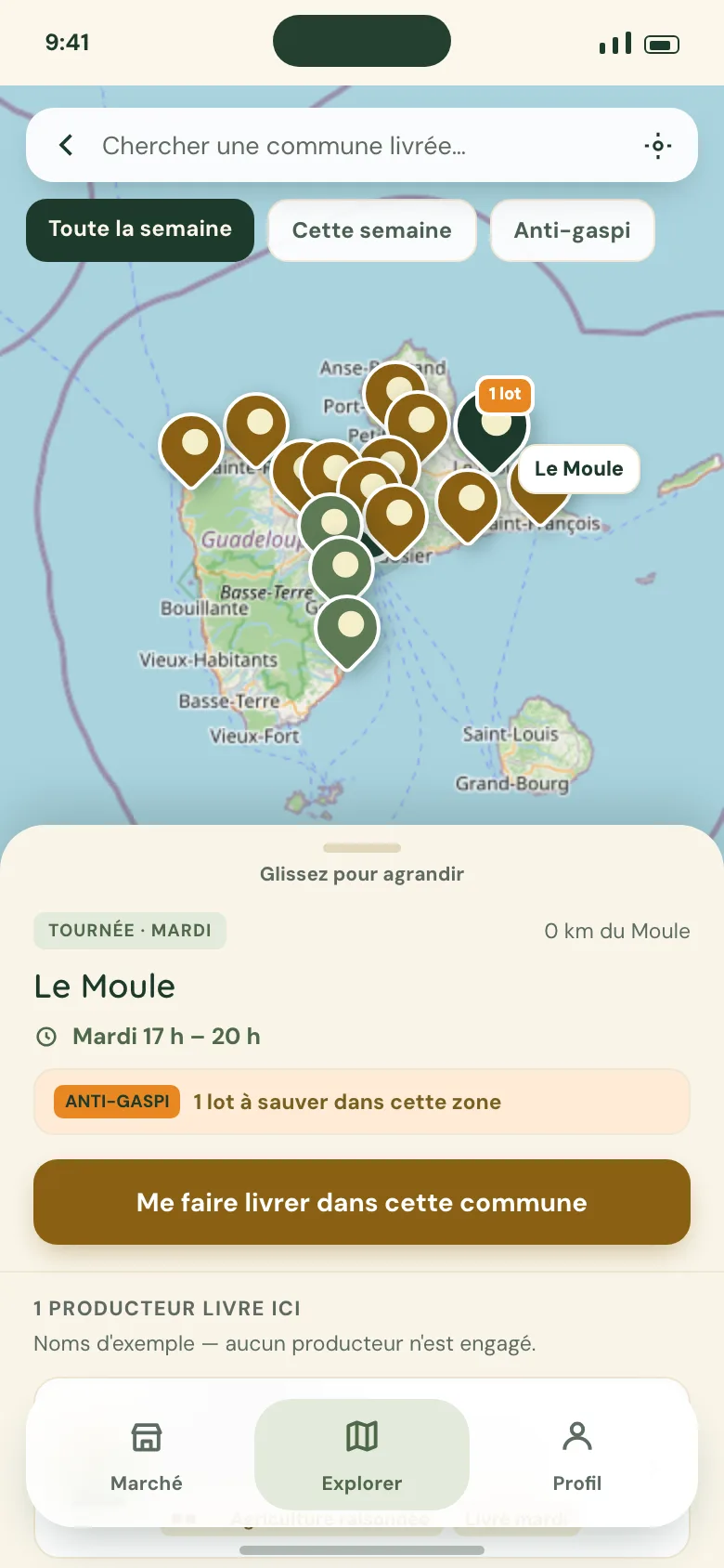 La carte des livraisons d'Obò Kaz : les communes desservies, et les producteurs qui livrent celle qu'on ouvre.