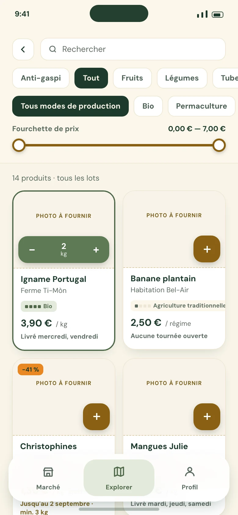 Le catalogue et son filtre anti-gaspi, avec le prix réduit et la date limite.