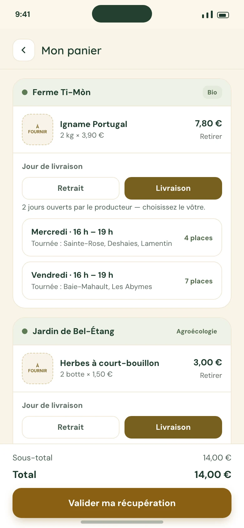 Le panier groupé par exploitation, avec le choix du mode de récupération.